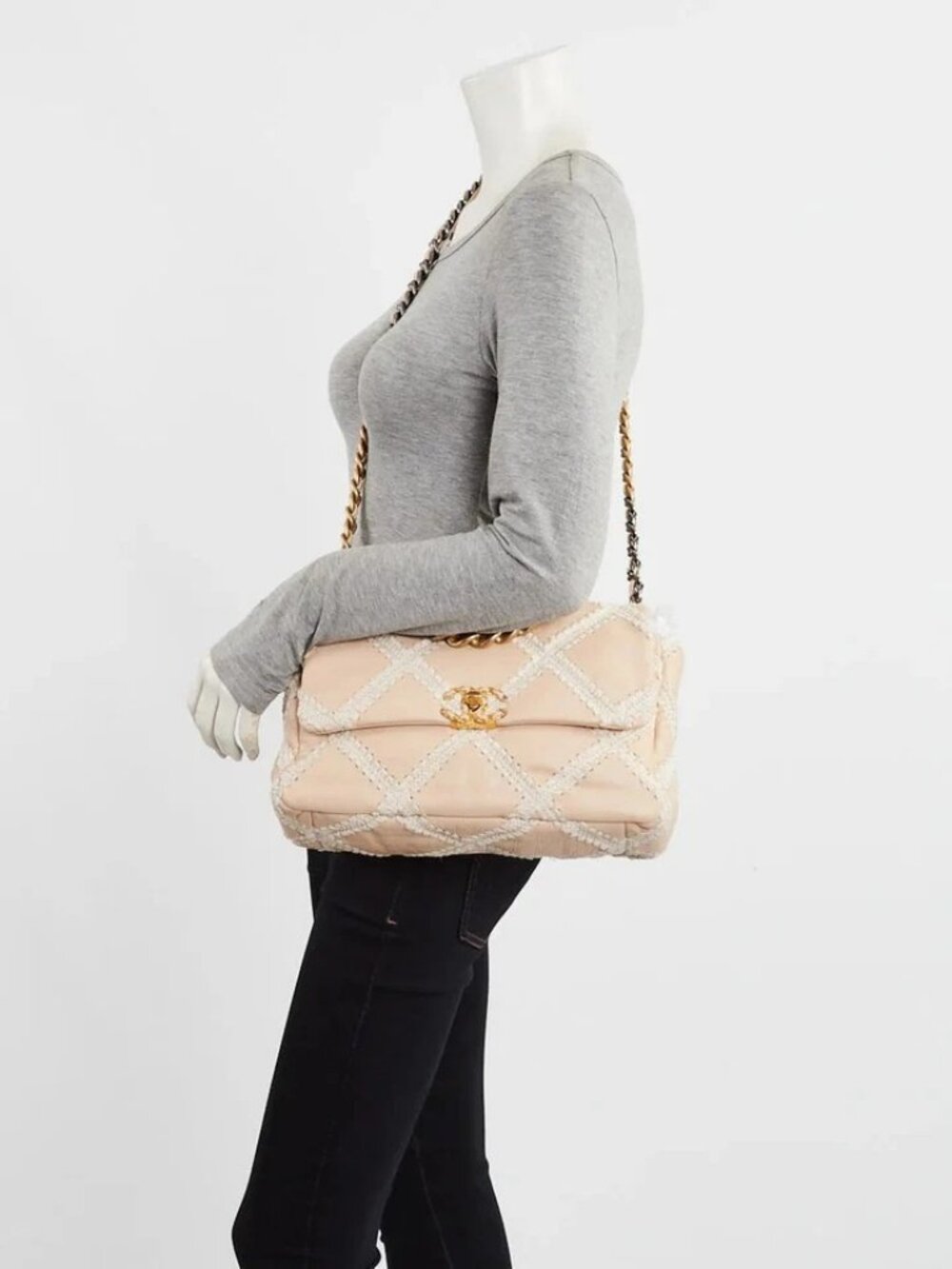 Chanel Beige Calfskin Leather Crochet Tweed Small Chanel 19 Bag